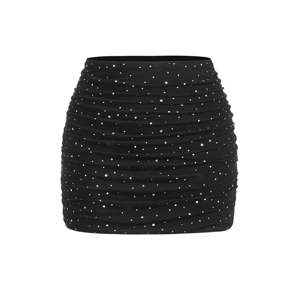 9251 Plus Size Glitter Sequin Short Skirt Ruched Elastic High Waist Bodycon